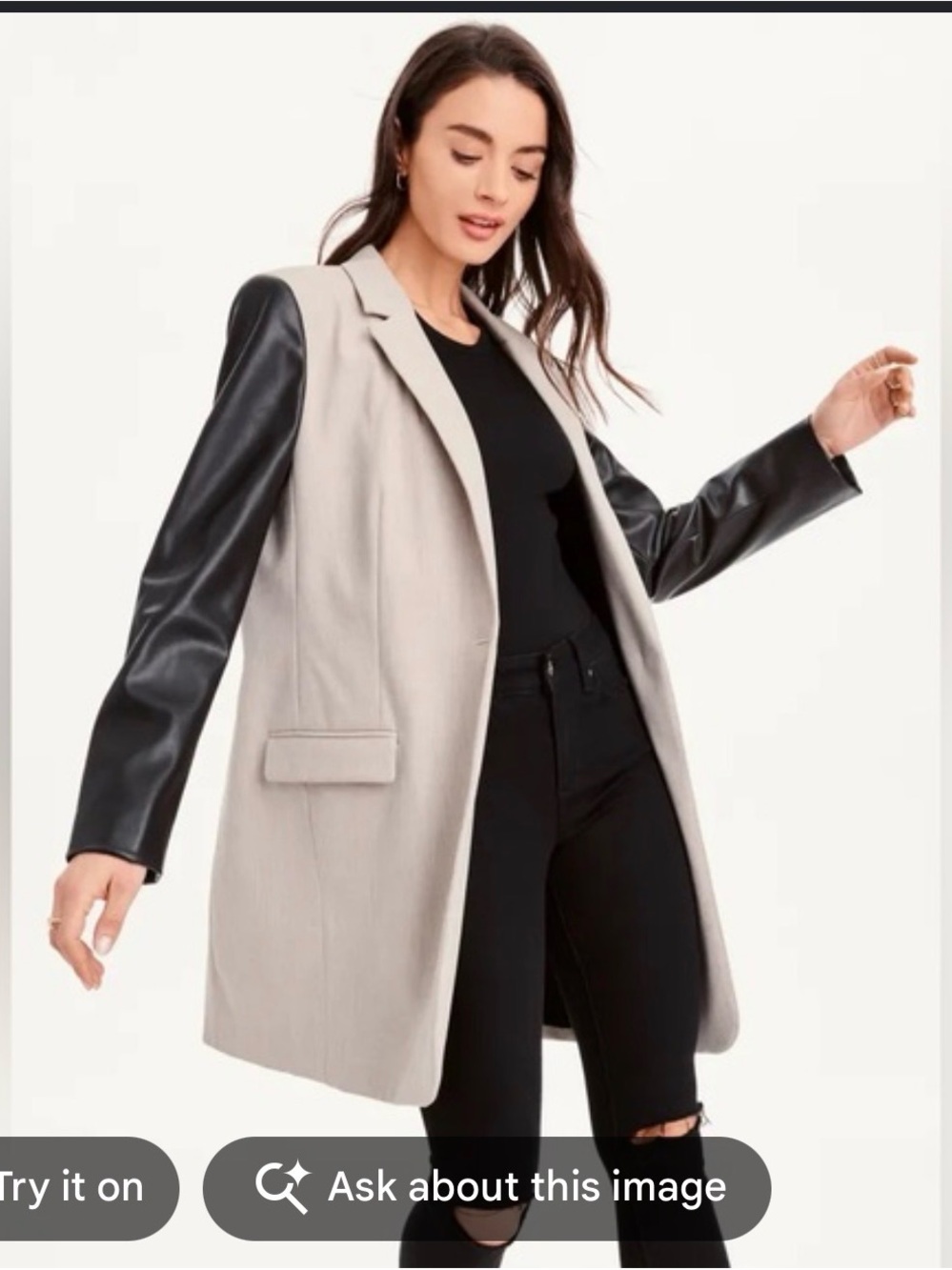 DKNY Beige Blazer with Black Faux Leather Sleeves